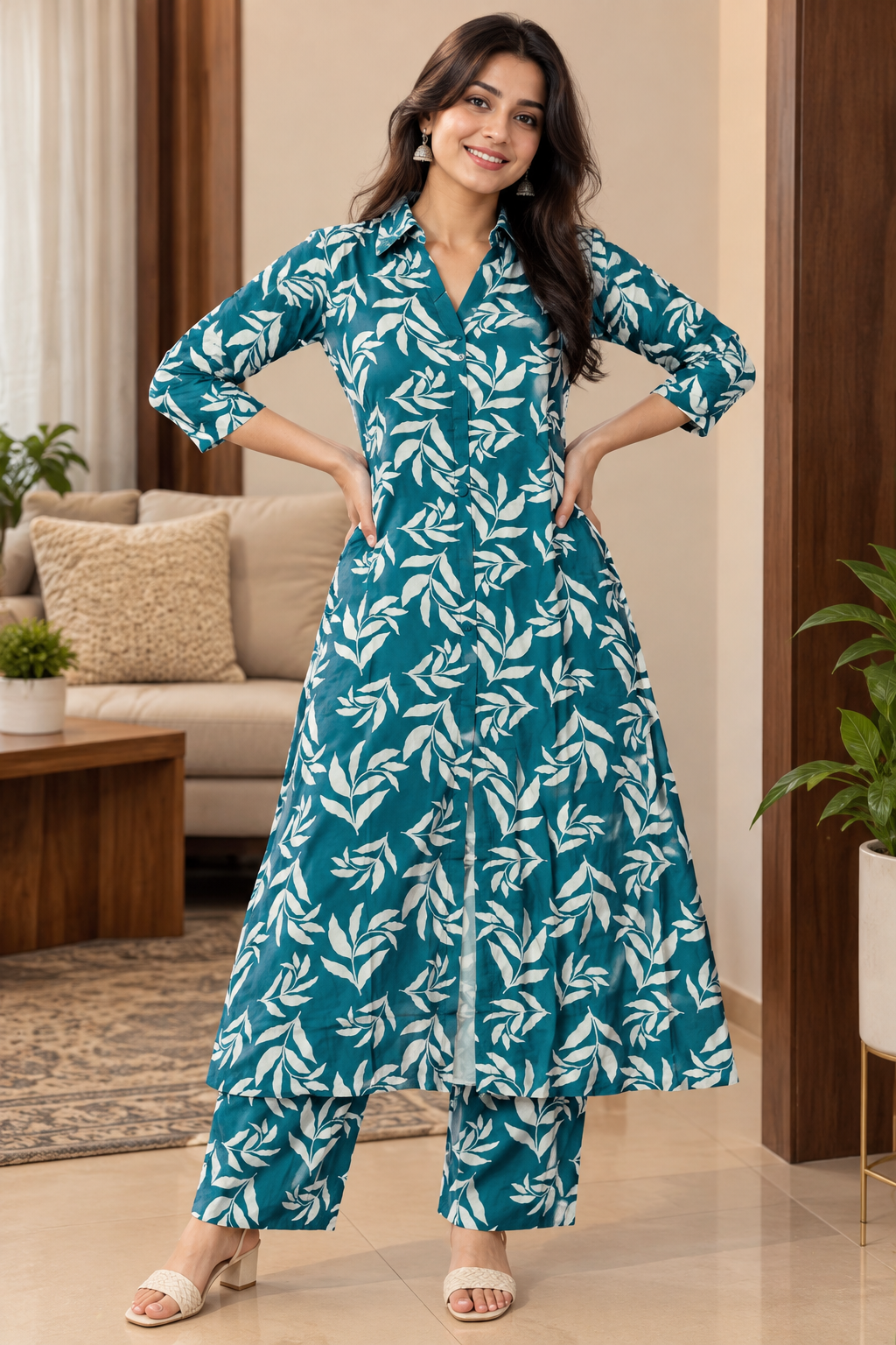 Teal Blue Floral Leaf Co-ord Set