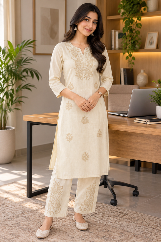 Cream Elegant Embroidered Khadi Cotton Co-ord Set