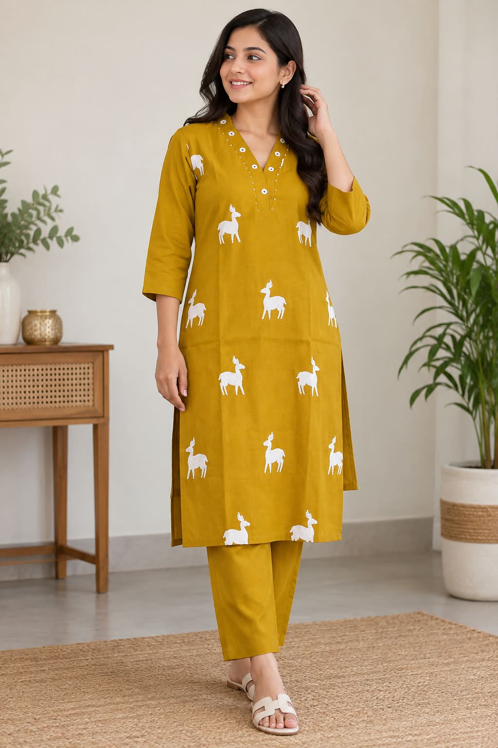 Mustard Yellow Deer Embroidered Co-ord Set